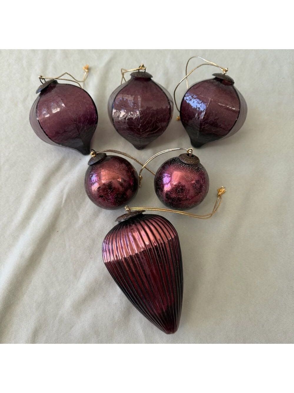 Purple Blown Glass Kugel Ball Christmas Ornament Set Of 6